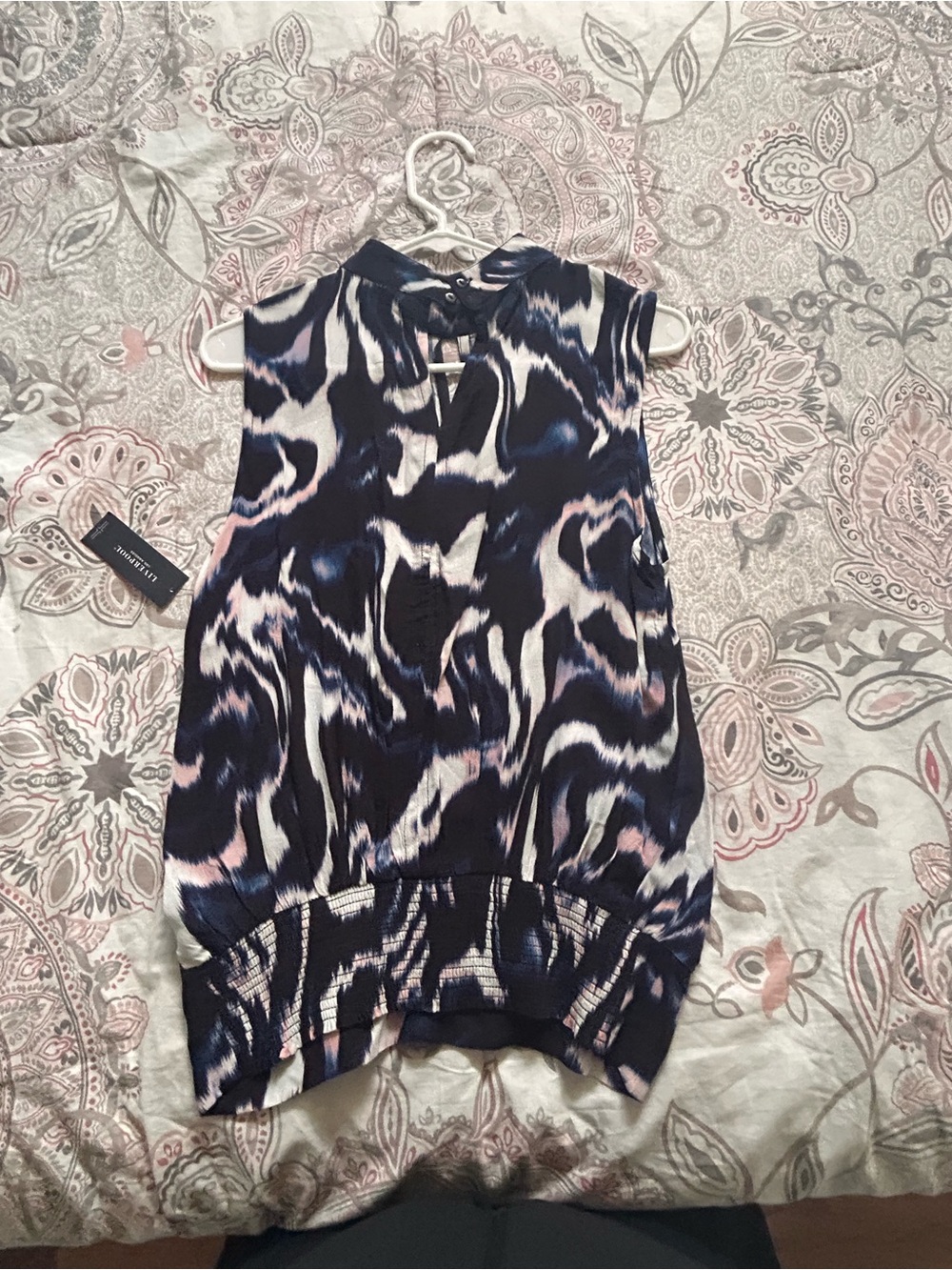 Liverpool Navy, White & Pale Pink Sleeveless Blouson Top with Ikat Print